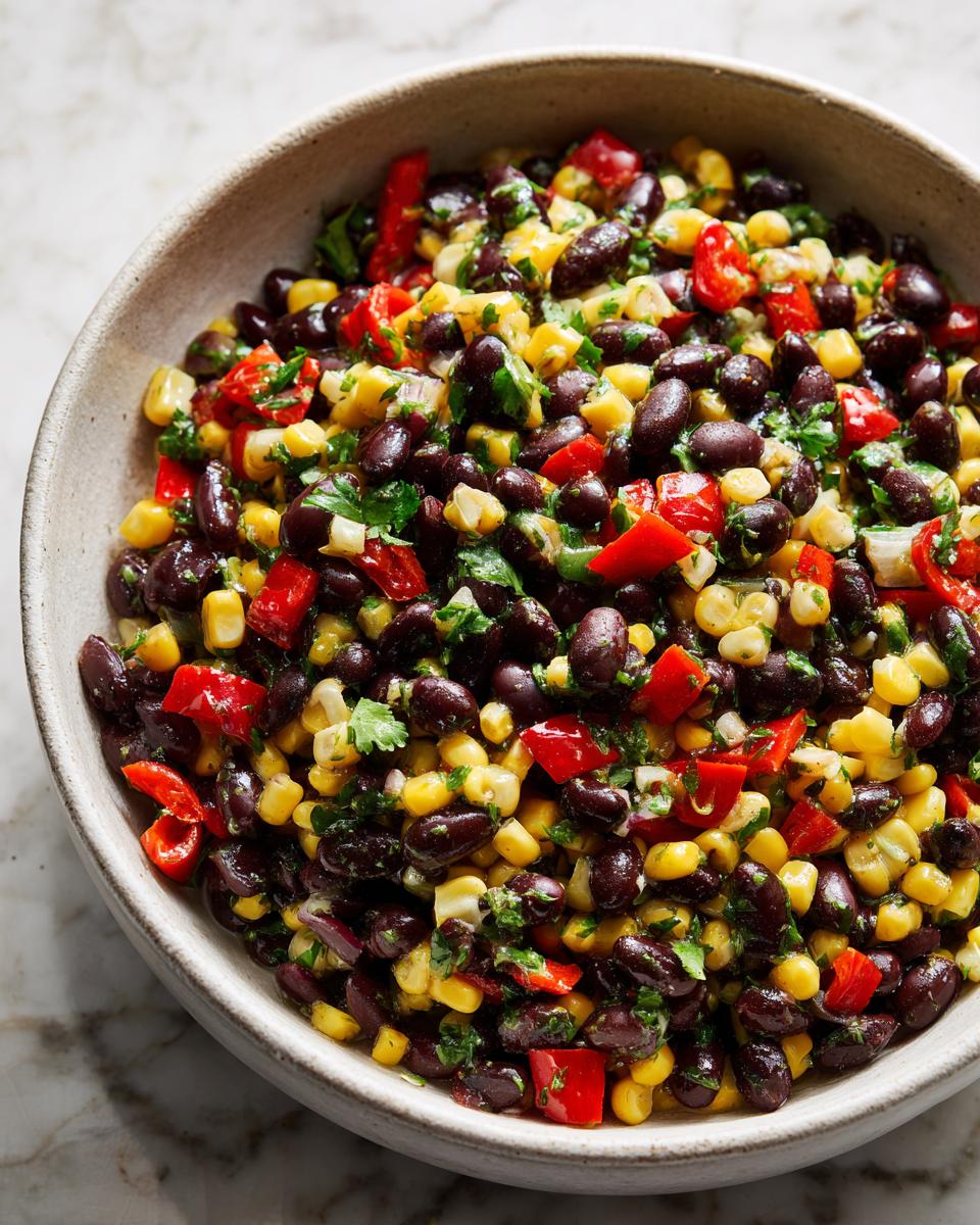Close-up overhead view of a vibrant black bean salad mixed with corn, diced red peppers, and cilantro in a rustic bowl.