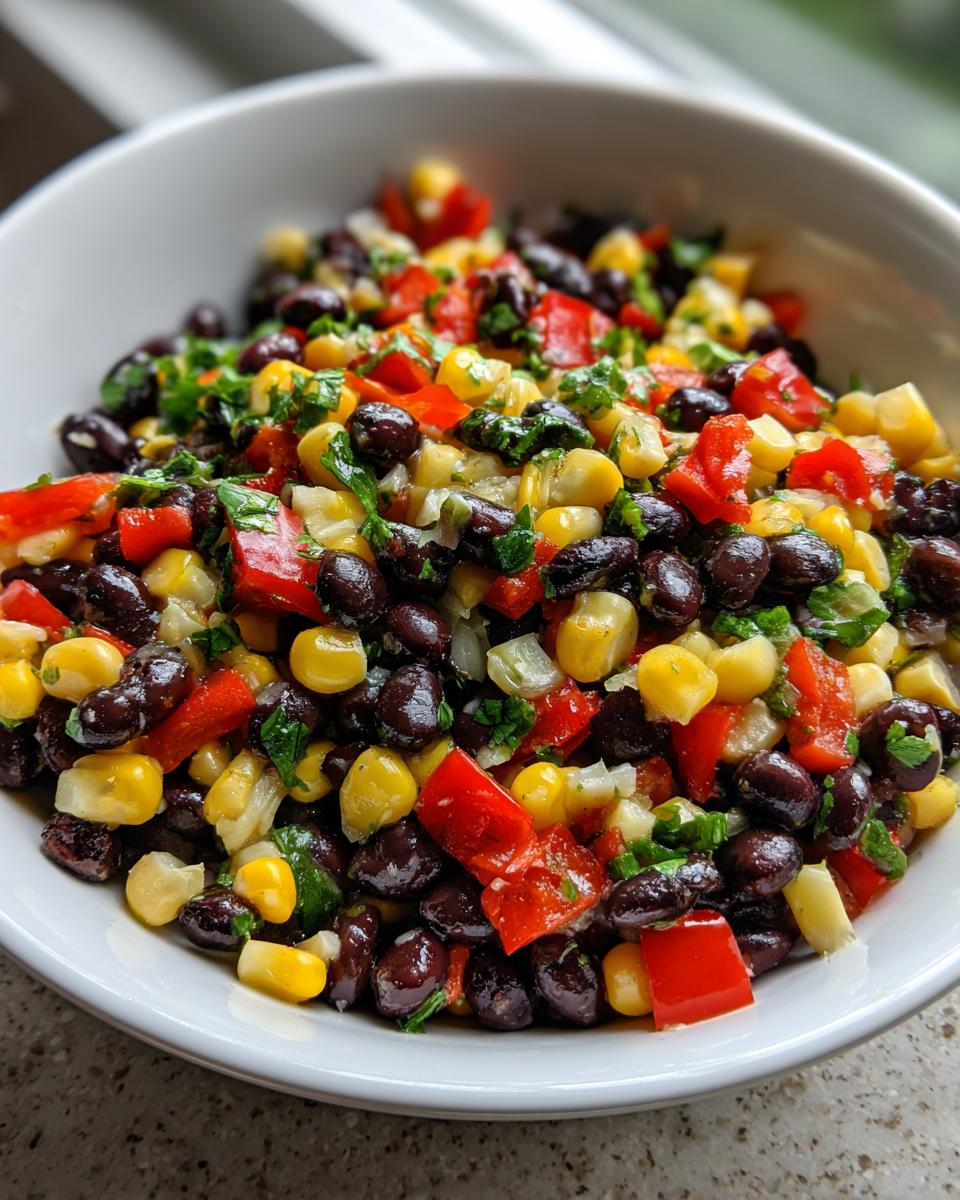 Close-up of a vibrant black bean salad mixed with corn, red bell peppers, and herbs in a white bowl.