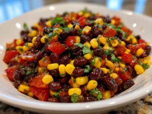 Close-up of a vibrant black bean salad featuring black beans, yellow corn, diced red tomatoes, and fresh cilantro.