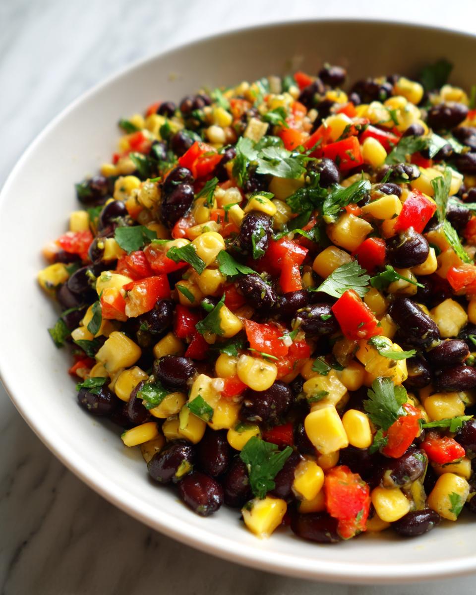 Close-up of a fresh black bean salad mixed with yellow corn, diced red peppers, and cilantro.