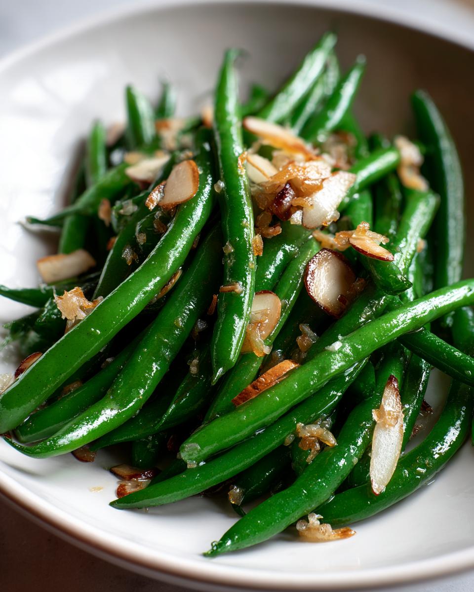 Close-up of vibrant, glossy green bean salad topped with toasted sliced almonds and caramelized shallots.