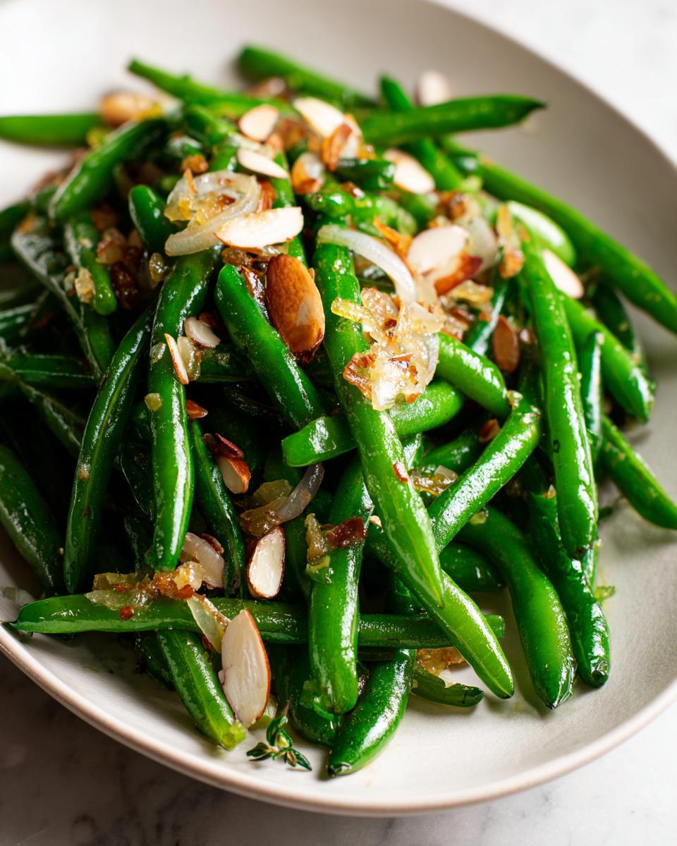 Close-up of a bright green bean salad tossed with toasted sliced almonds and caramelized onions.