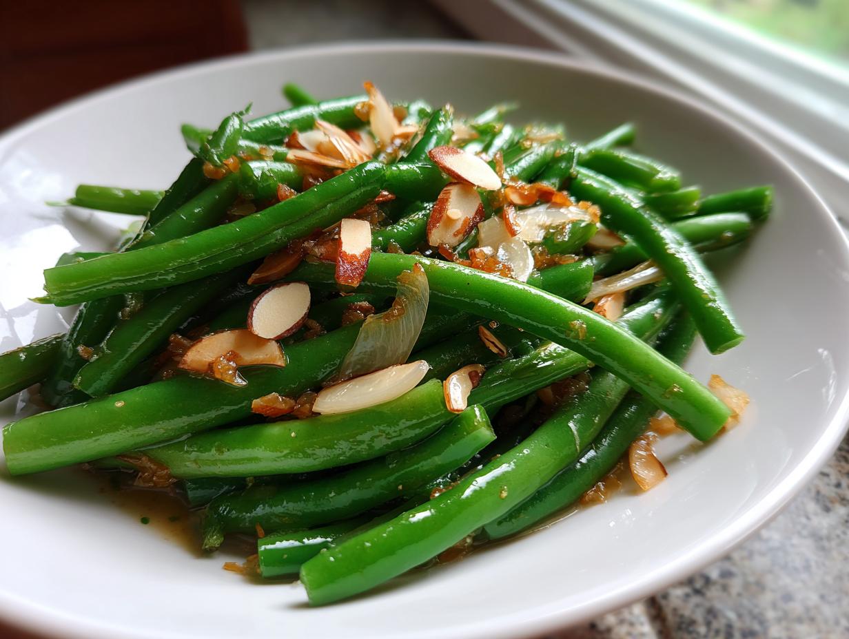 Close-up of a vibrant green bean salad tossed with slivered almonds and caramelized onions.