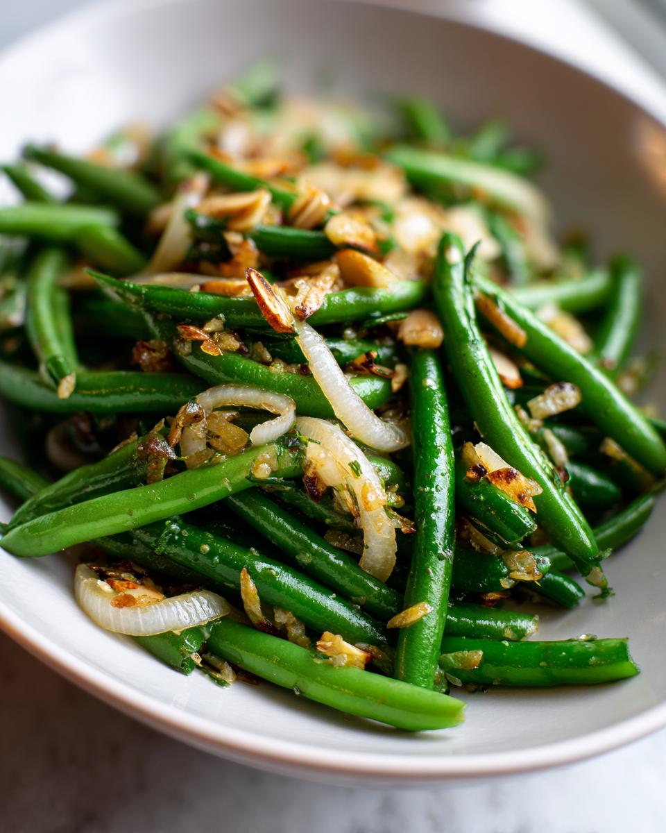 A close-up of bright green bean salad tossed with caramelized onions and toasted almonds.