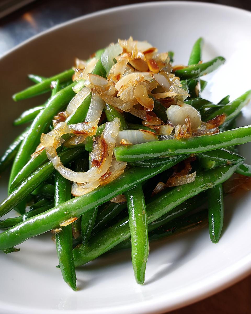 Close-up of a bright green bean salad topped with caramelized onions and slivered almonds.