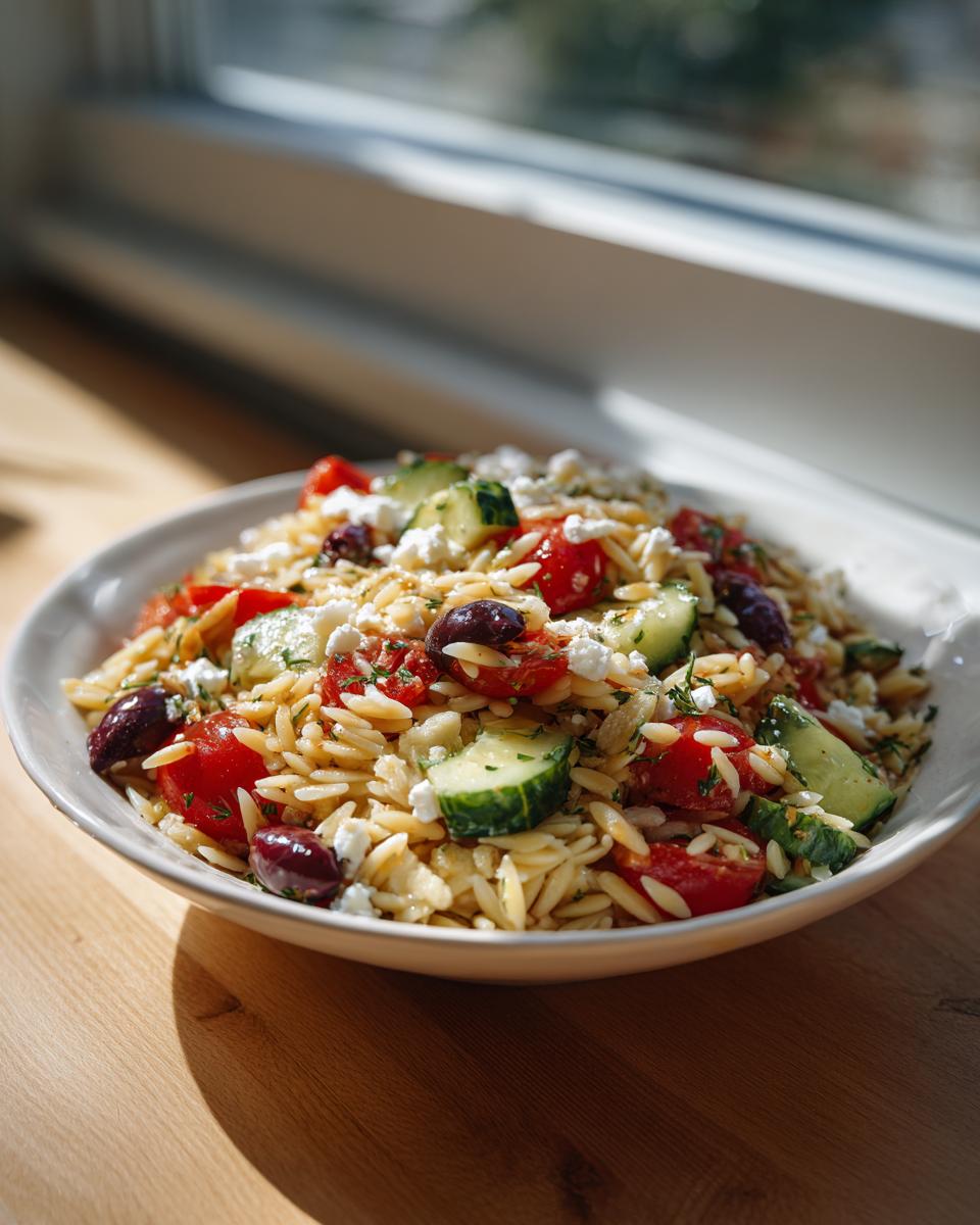 A close-up of a vibrant orzo pasta salad recipe featuring cucumbers, tomatoes, Kalamata olives, and feta cheese.