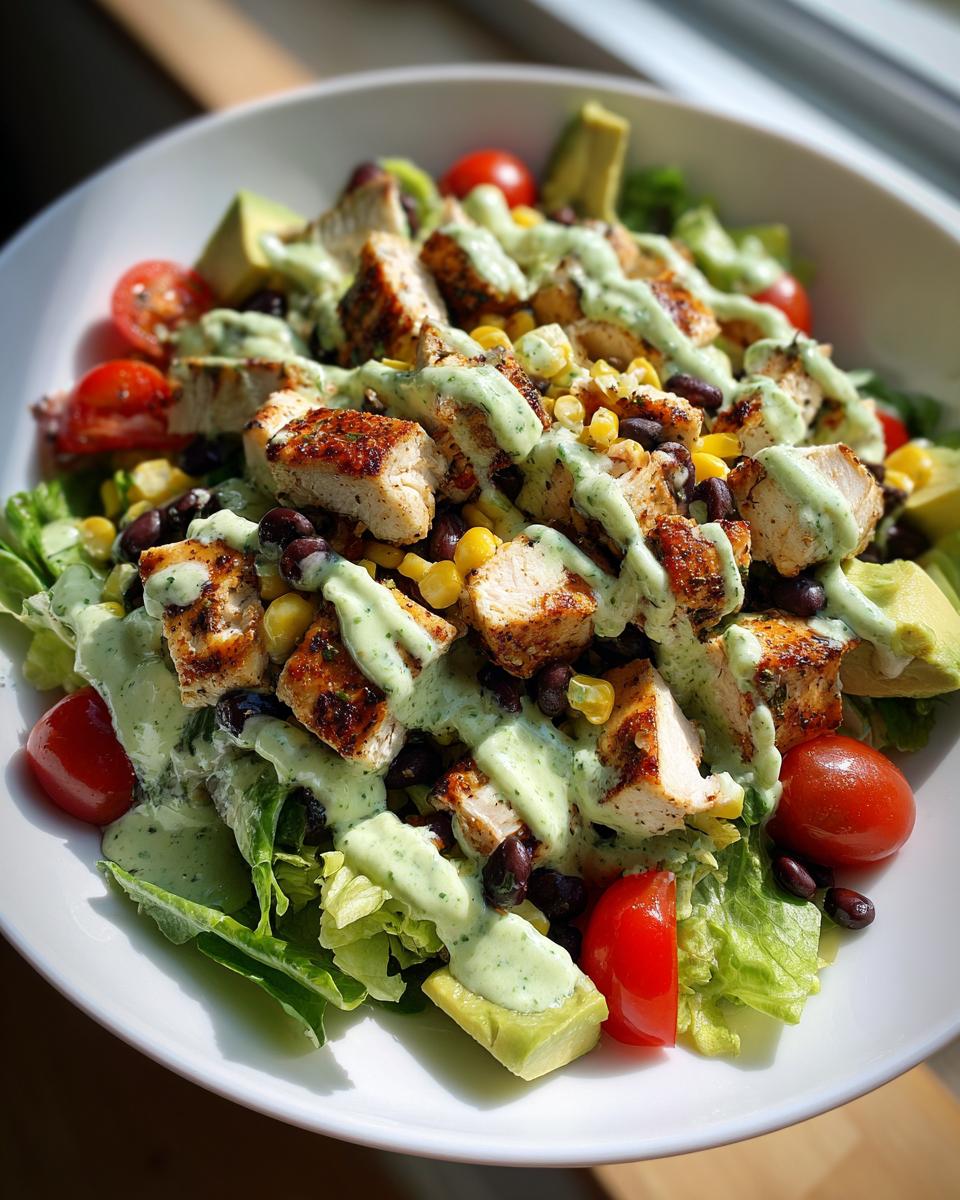 Close-up of a fresh southwest salad topped with seasoned grilled chicken, black beans, corn, avocado, and a green creamy dressing.