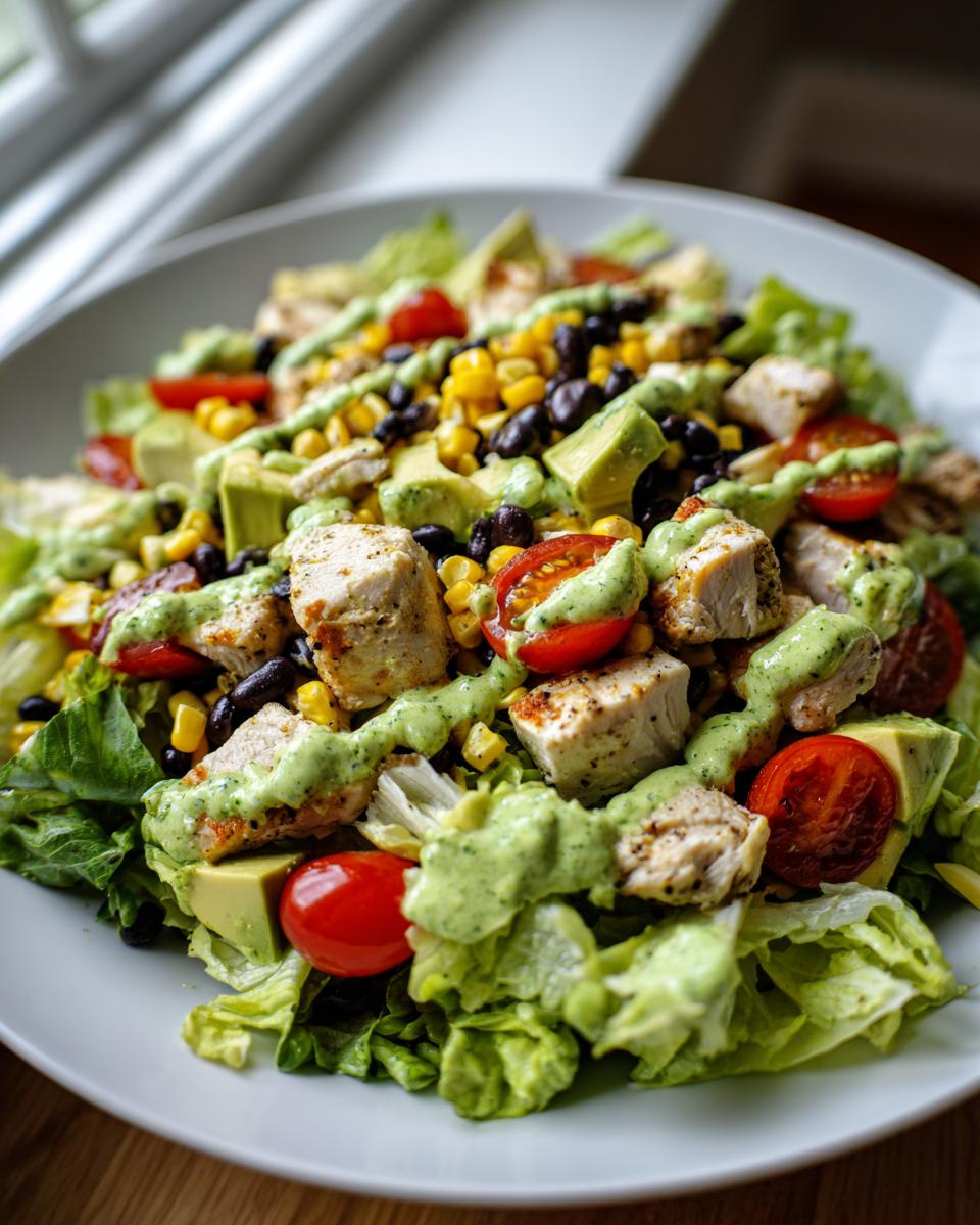 Close-up of a vibrant southwest salad featuring grilled chicken, black beans, corn, avocado, and creamy green dressing.