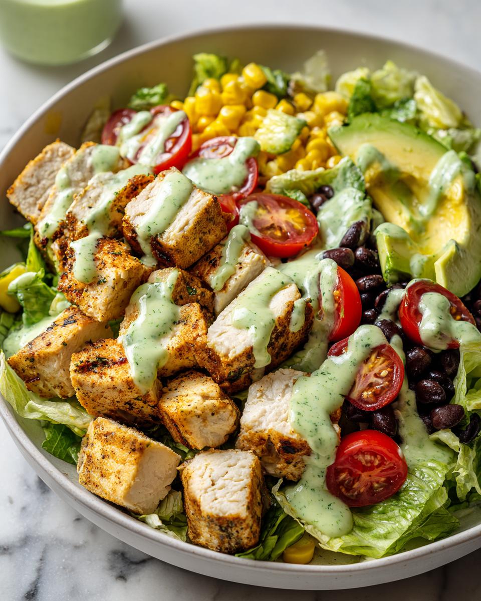 Close-up of a vibrant Southwest salad bowl topped with seasoned grilled chicken, black beans, corn, tomatoes, avocado, and creamy green dressing.