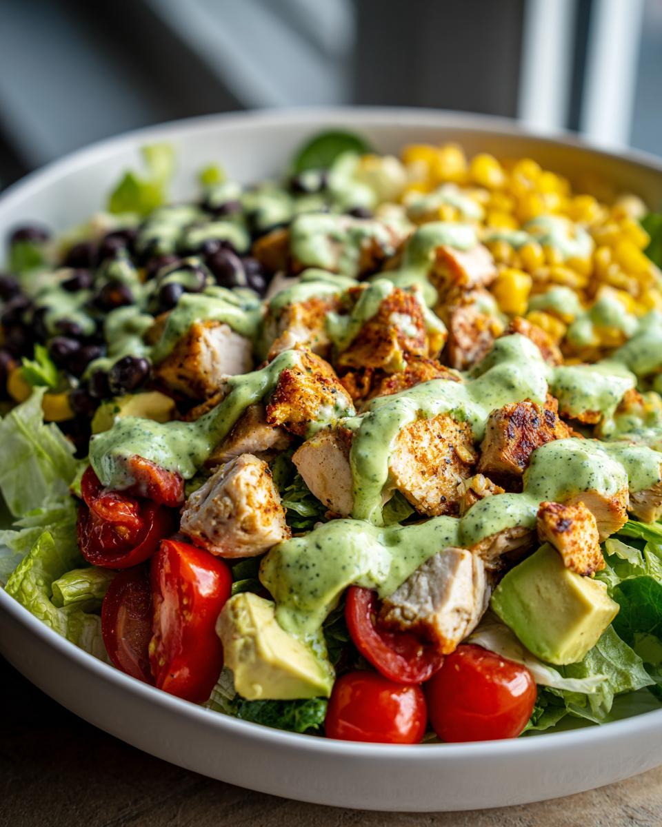 Close-up of a vibrant southwest salad featuring seasoned chicken, black beans, corn, avocado, tomatoes, and creamy green dressing.