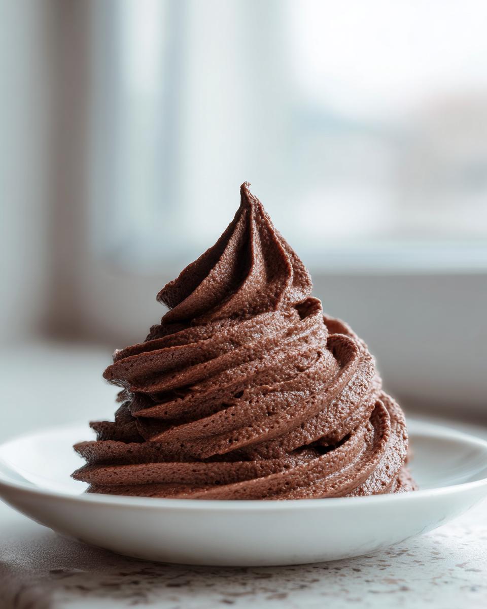 A tall, perfectly piped swirl of rich, dark whipped chocolate buttercream frosting on a small white plate.