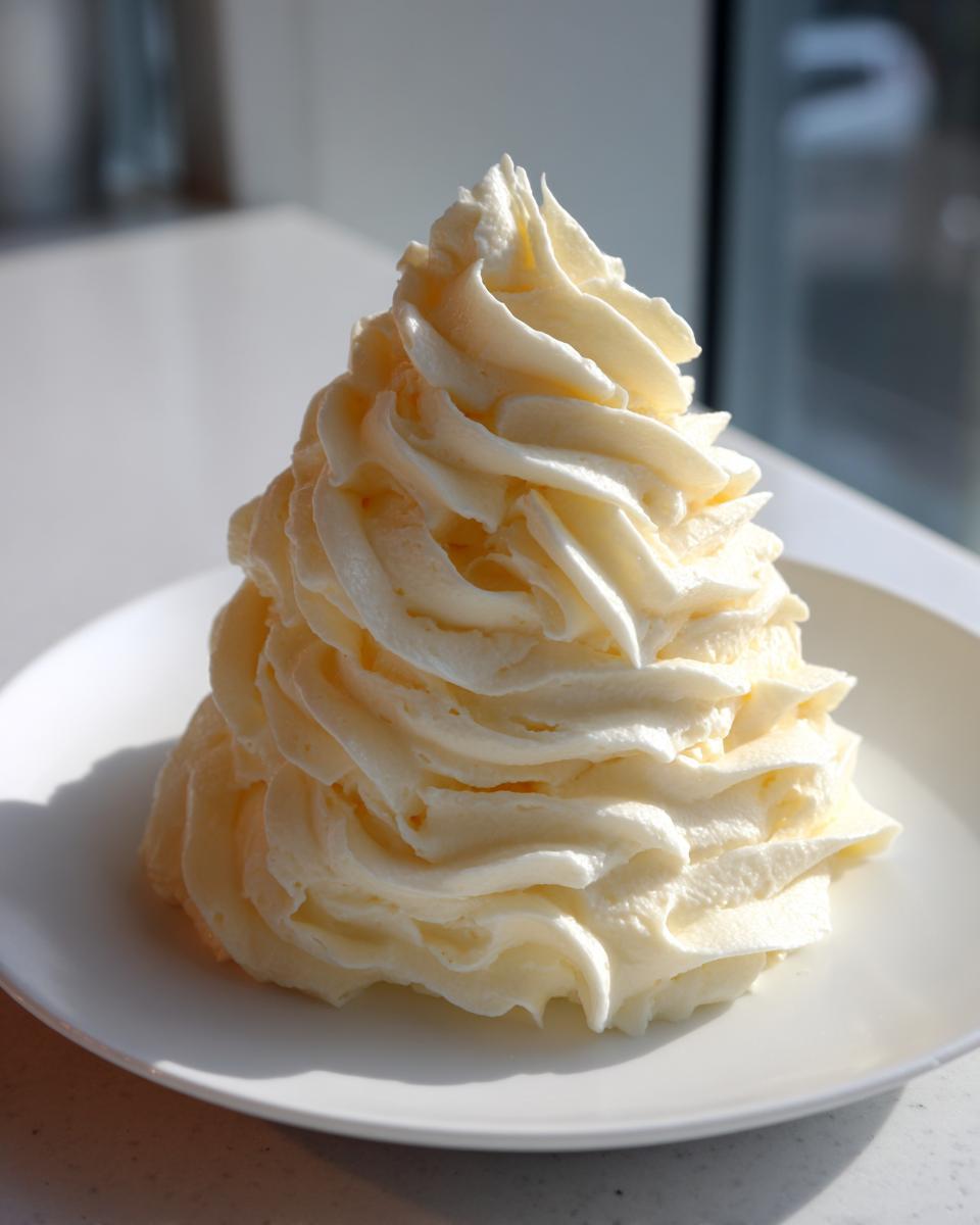 A tall, perfectly piped swirl of creamy white chocolate buttercream frosting sitting on a white plate.