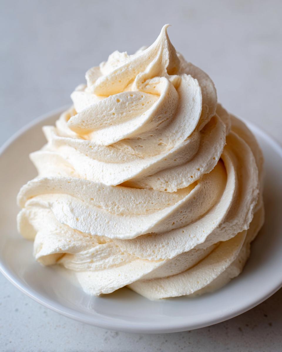 A beautiful, tall swirl of creamy white chocolate buttercream frosting piped onto a small white plate.