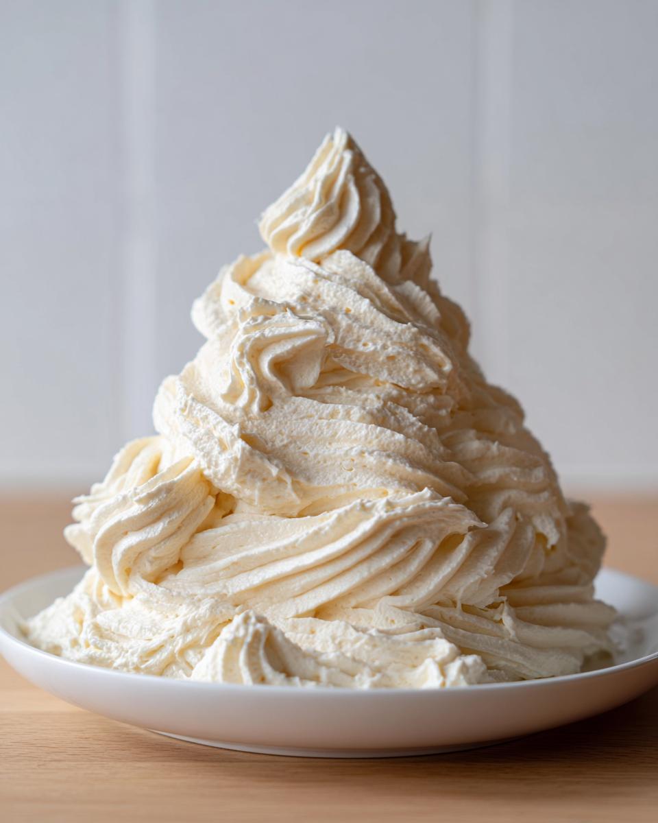 A large mound of perfectly piped, creamy white chocolate buttercream frosting in a white bowl.