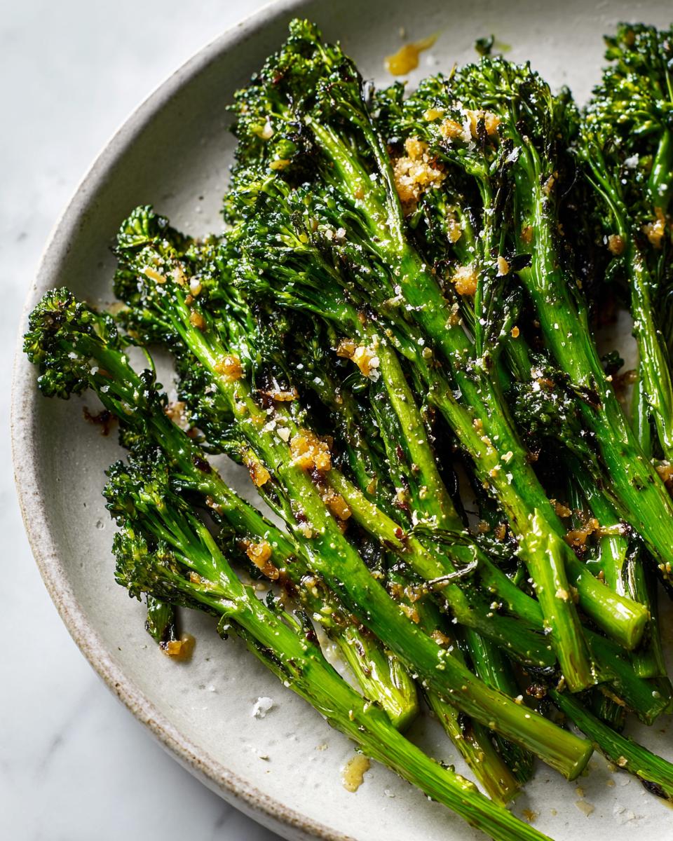 Close-up of vibrant green broccolini stalks seasoned with garlic and spices on a light gray plate.