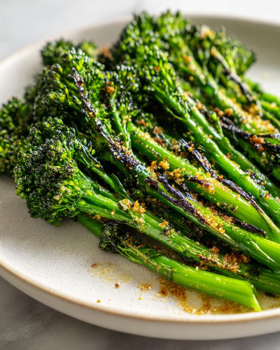 Close-up of bright green, slightly charred broccolini stalks seasoned with golden breadcrumbs on a light plate.