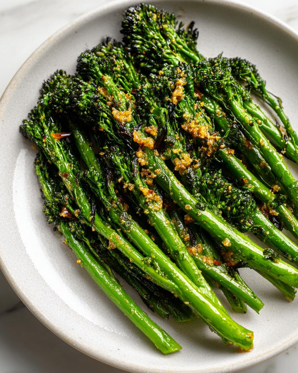 Close-up of bright green, roasted broccolini stalks seasoned with garlic and spices on a light gray plate.