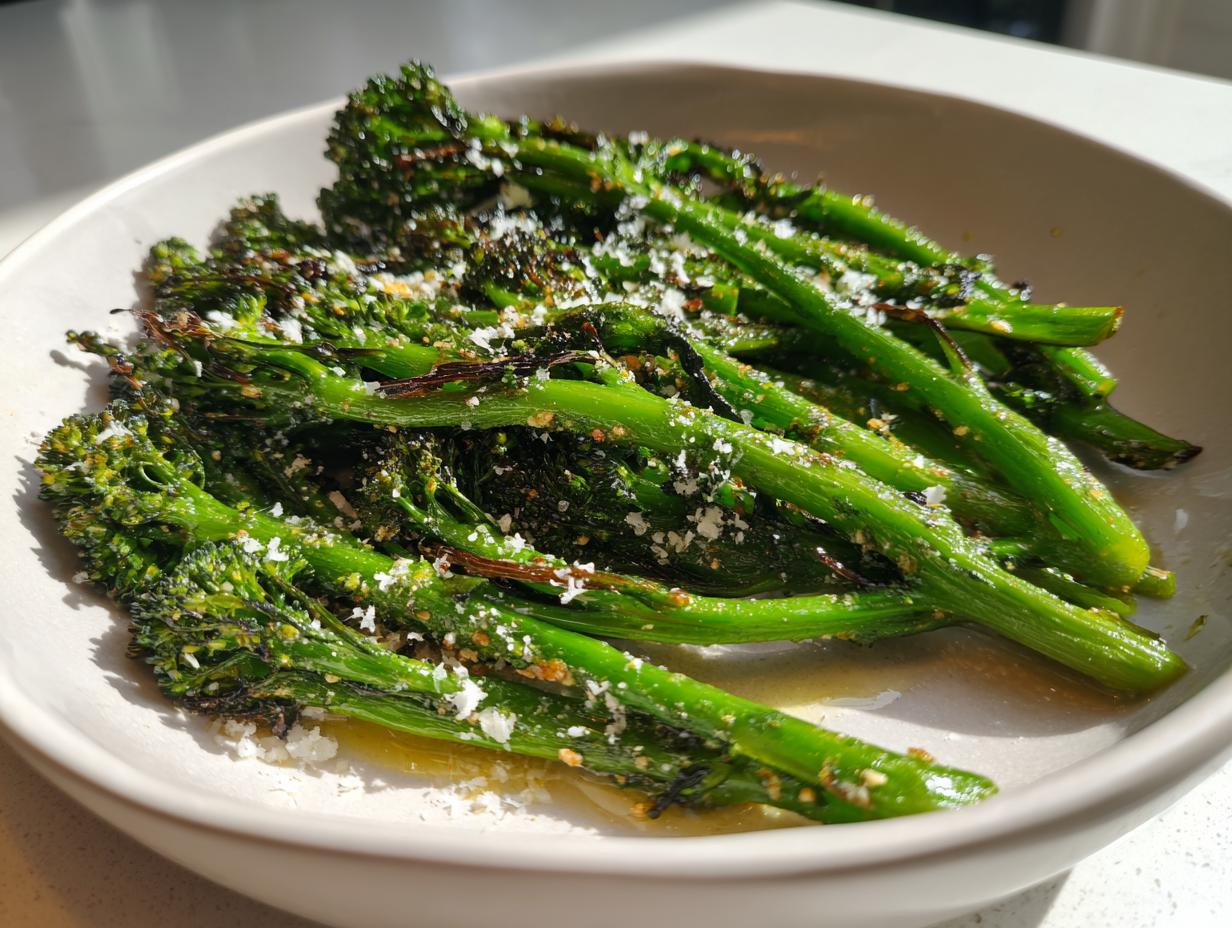 A bowl of vibrant green, roasted broccolini topped generously with grated Parmesan cheese.