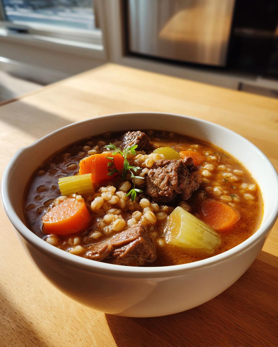A close-up of a white bowl filled with rich beef barley soup, featuring chunks of beef, barley, carrots, and celery.