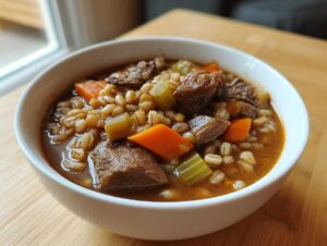 Close-up of a white bowl filled with rich beef barley soup, showing chunks of beef, carrots, celery, and barley.