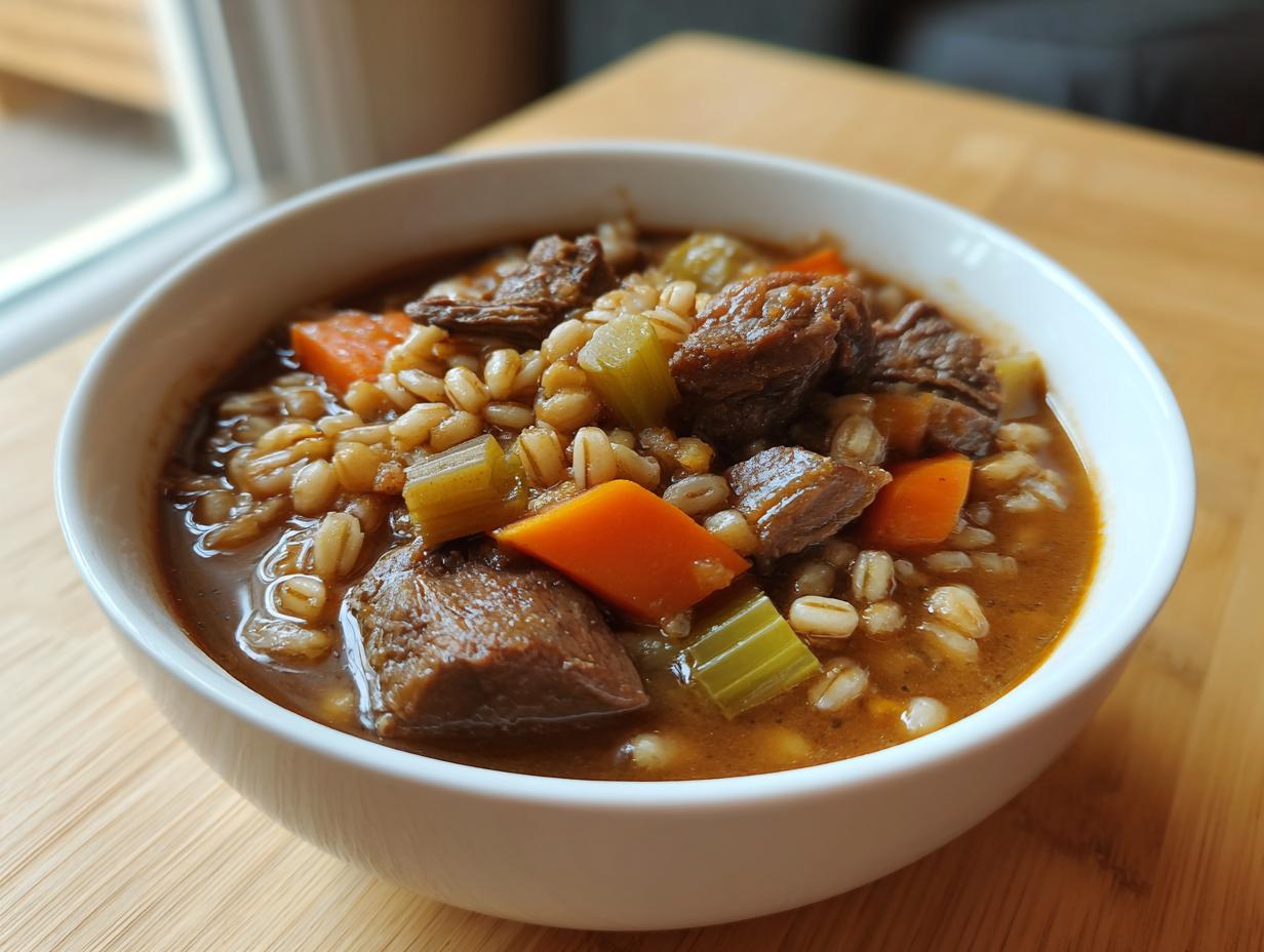 Close-up of a white bowl filled with rich beef barley soup, showing chunks of beef, carrots, celery, and barley.