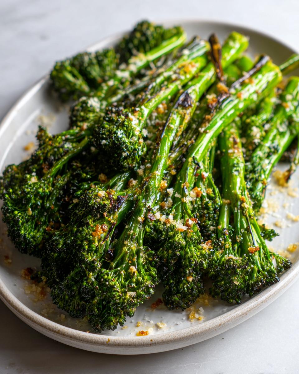 A close-up of bright green, roasted broccolini stalks topped with grated cheese and breadcrumbs.