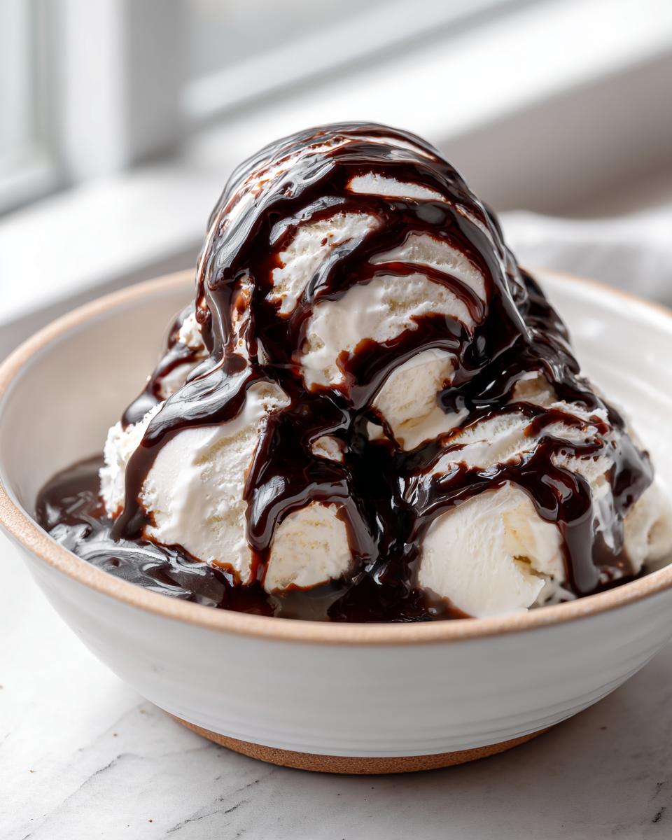 Three scoops of vanilla ice cream generously covered in homemade chocolate sauce in a white bowl.