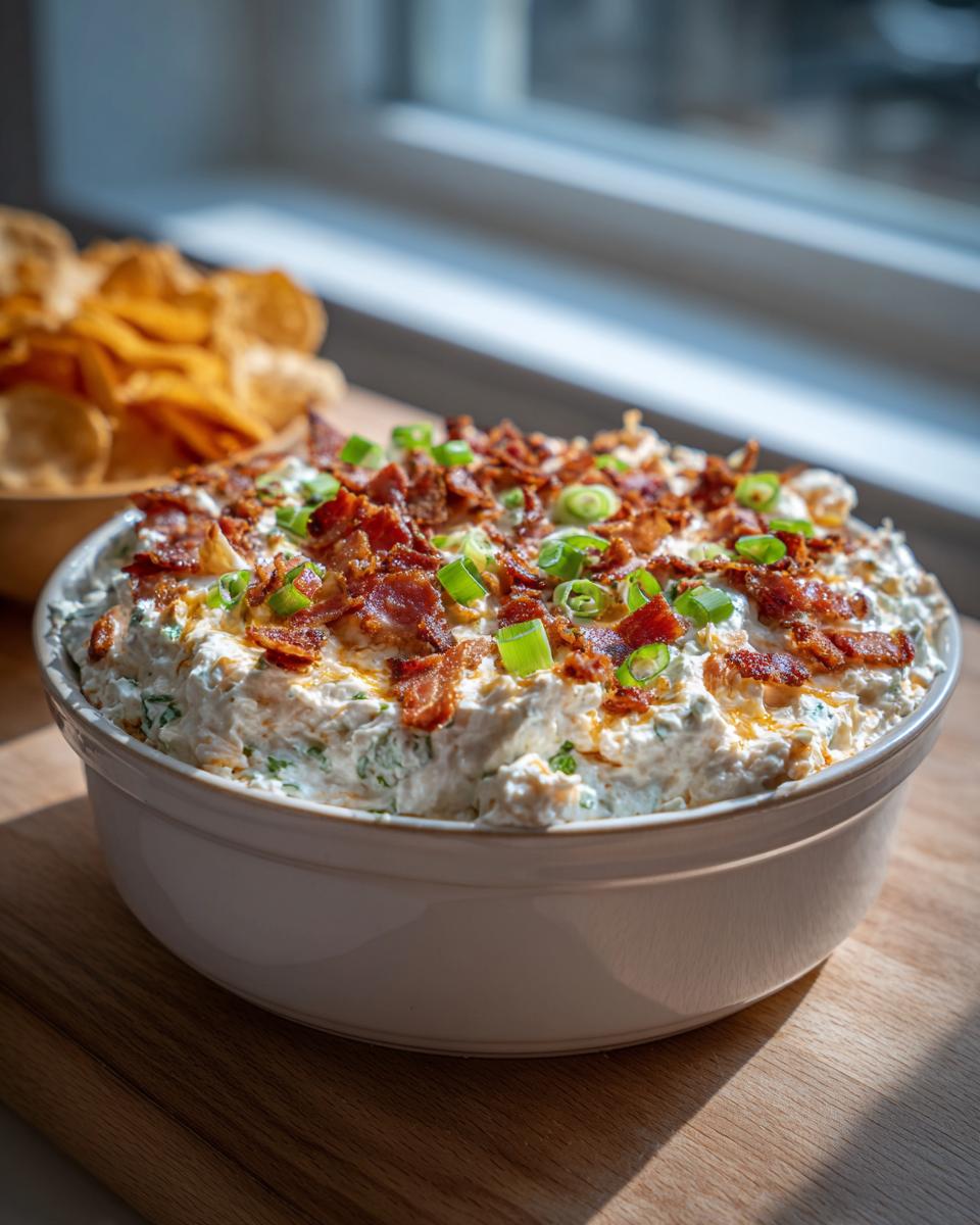 A bowl filled with rich, savory cream cheese dip topped generously with crumbled bacon and sliced green onions.
