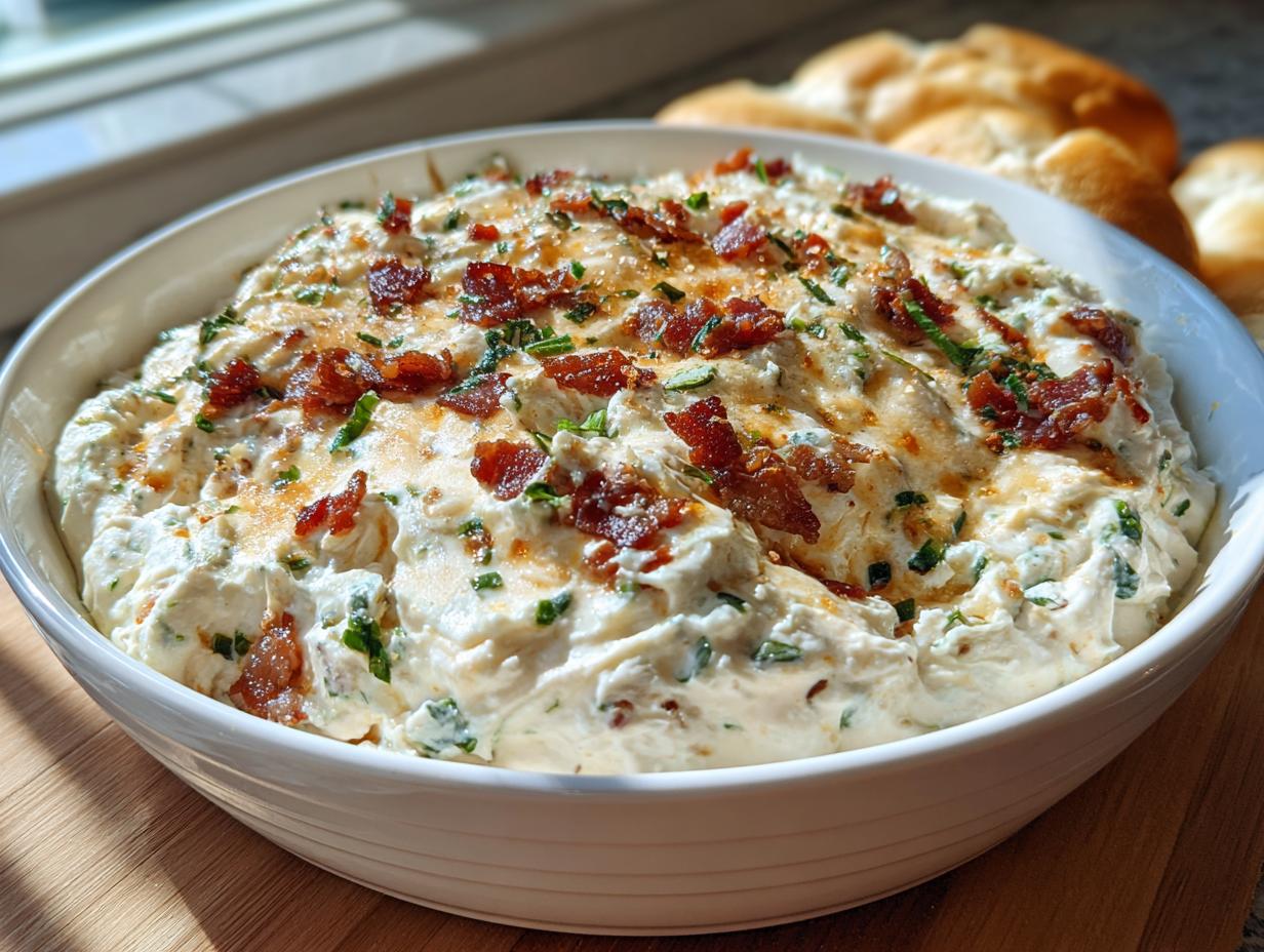 A close-up of a rich, savory cream cheese dip topped with crispy bacon bits and chives, ready to serve.