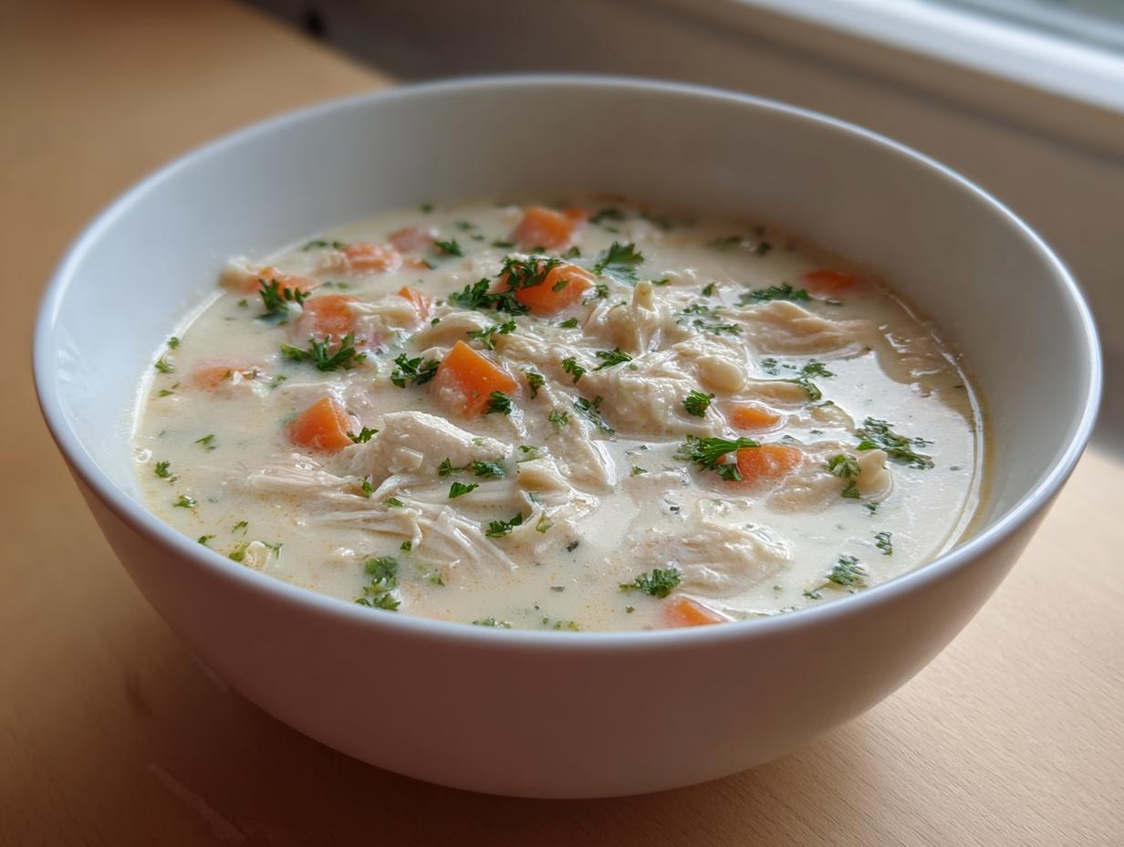 Close-up of a white bowl filled with rich, creamy cream of chicken soup featuring shredded chicken, diced carrots, and parsley.
