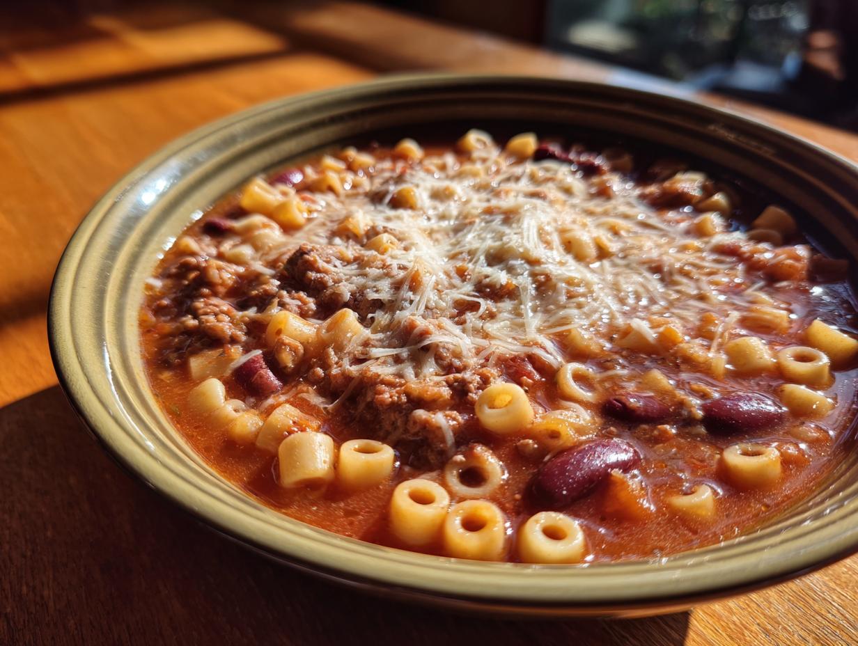 Close-up of a steaming bowl of pasta e fagioli, featuring ditalini pasta, beans, ground meat, and melted shredded cheese.