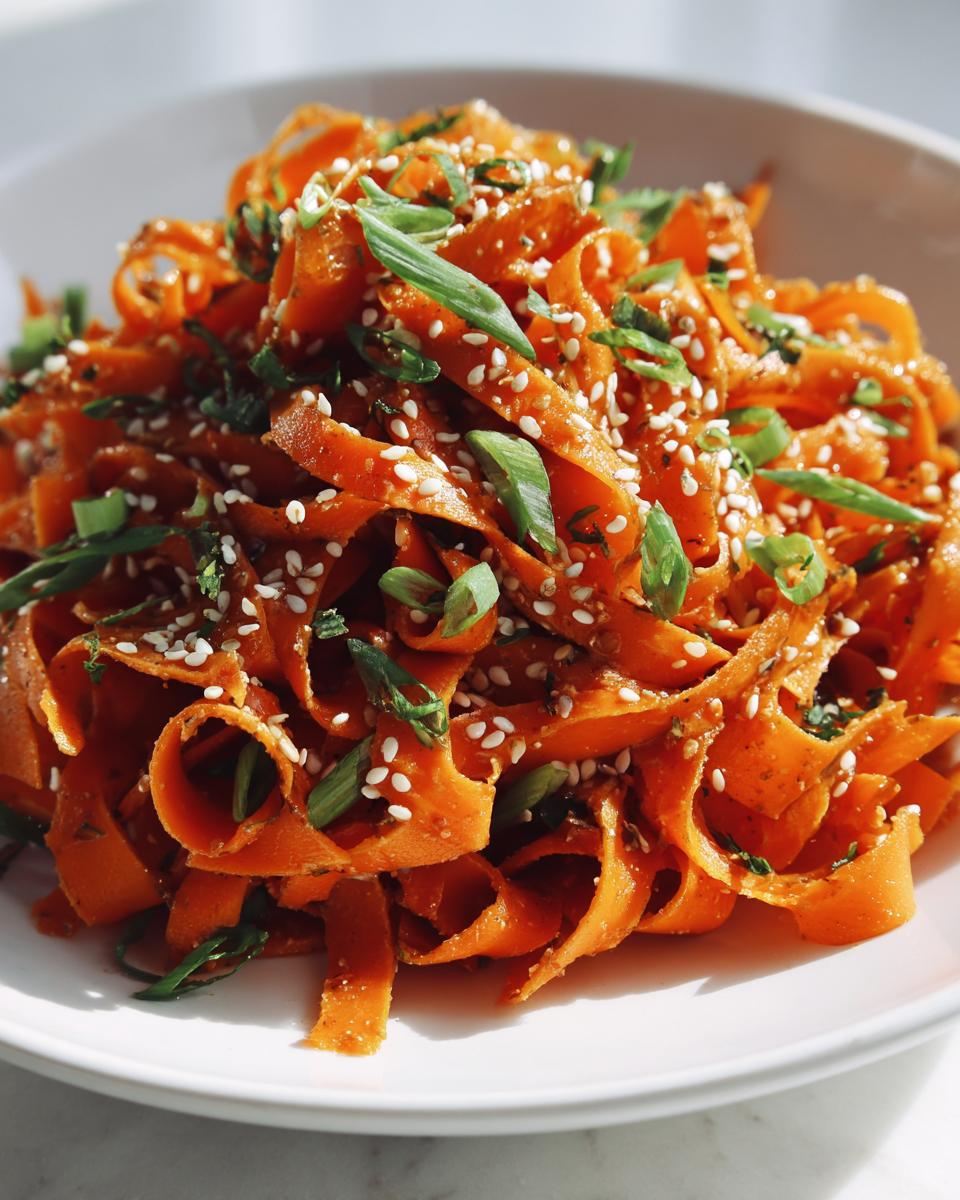 Close-up of a vibrant raw carrot salad featuring shaved carrot ribbons, topped with sesame seeds and sliced green onions.