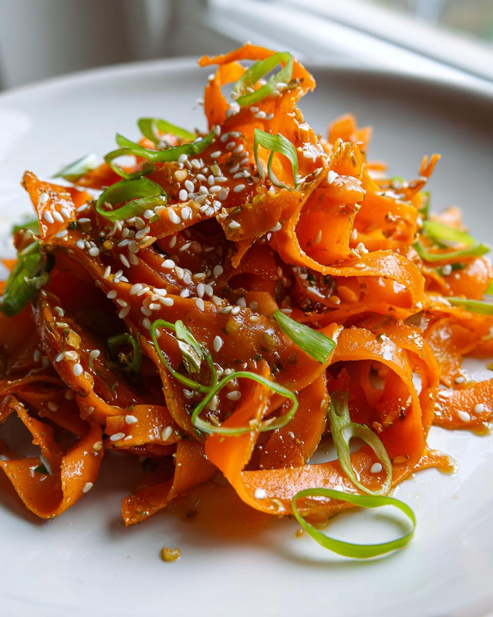 Close-up of vibrant raw carrot salad ribbons tossed in a savory dressing, topped with sesame seeds and green onions.