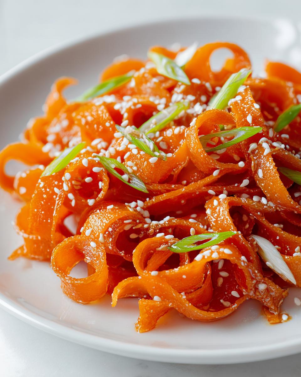 Close-up of vibrant orange carrot ribbons in a raw carrot salad, topped with white sesame seeds and sliced green onions.