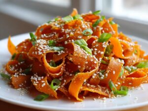 A vibrant mound of ribboned raw carrot salad, topped generously with white sesame seeds and chopped green onions.