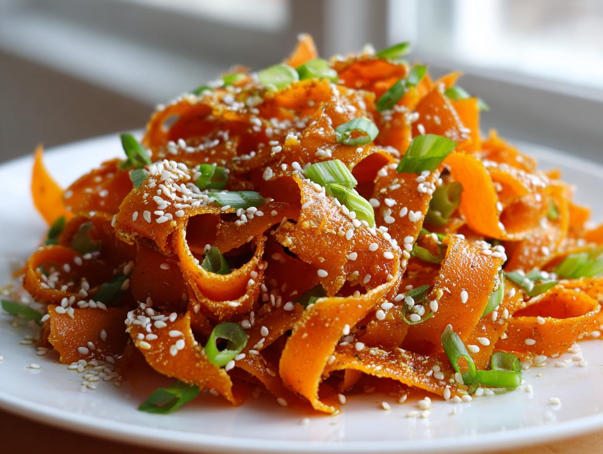 A vibrant mound of ribboned raw carrot salad, topped generously with white sesame seeds and chopped green onions.
