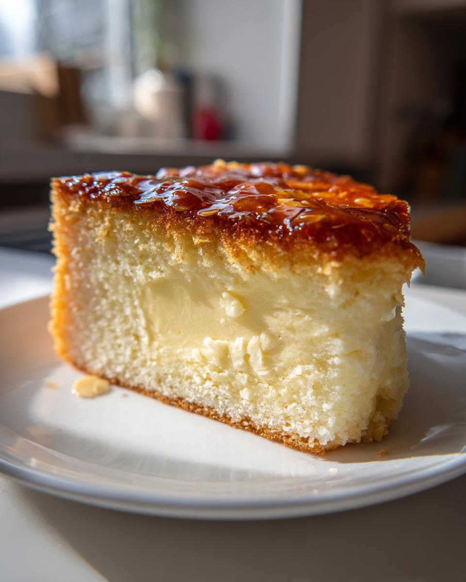 A thick slice of bee sting cake featuring a creamy filling, light sponge, and glossy caramelized almond topping.