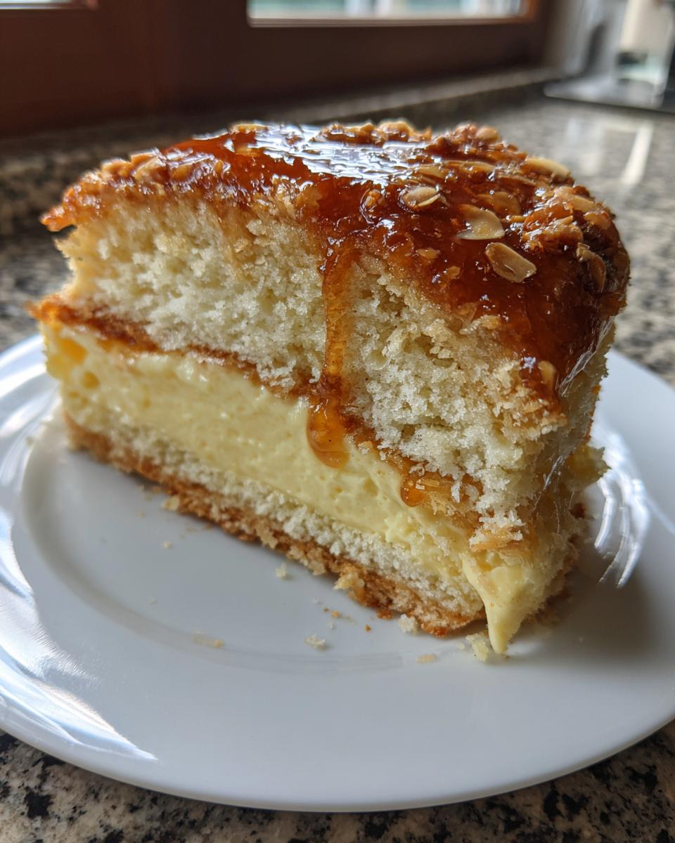 A close-up of a thick slice of bee sting cake showing sponge layers, creamy filling, and sticky almond caramel topping.