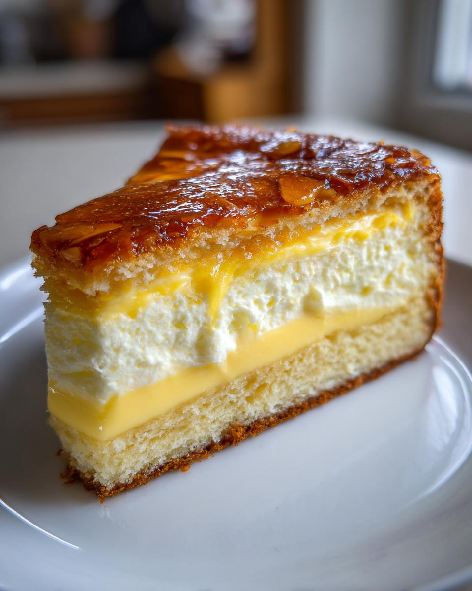 A thick slice of bee sting cake showing layers of sponge, custard, cream, and a glossy almond topping.