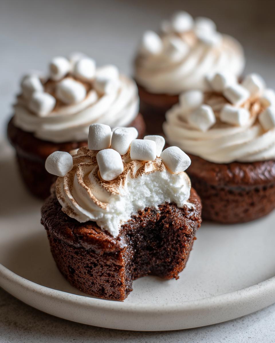 Close-up of a decadent hot chocolate cupcake with a bite taken out, topped with white frosting and mini marshmallows.