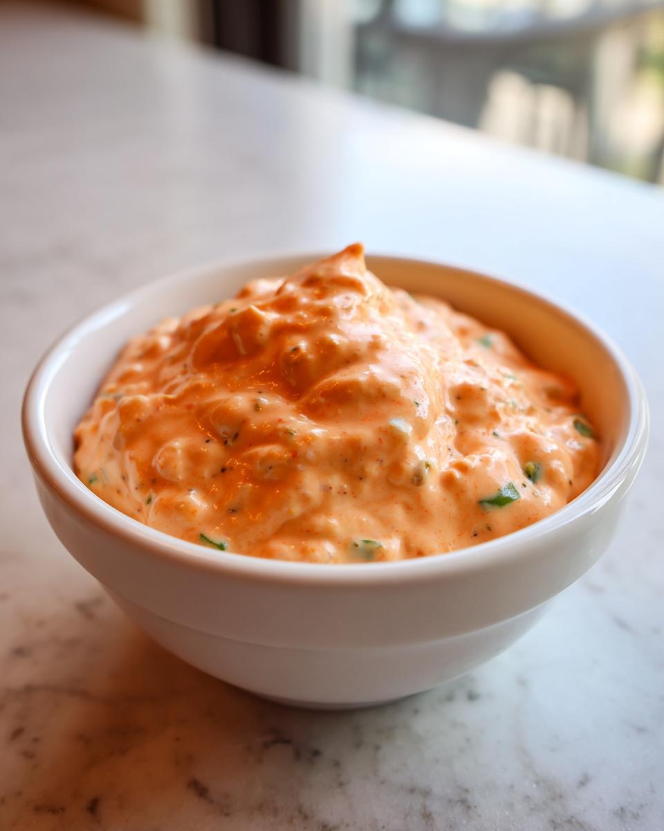 Close-up of a small white bowl filled with creamy, orange-hued remoulade sauce, flecked with herbs.