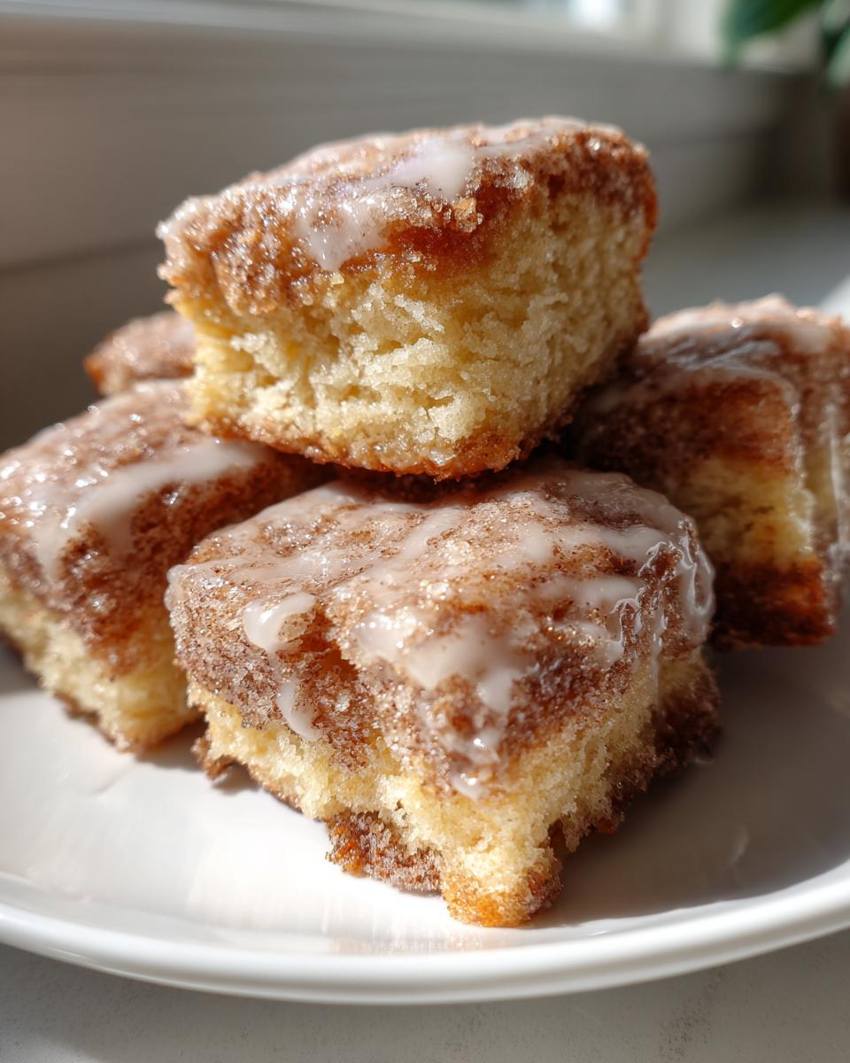Close-up of stacked buttermilk donut bars coated in cinnamon sugar and drizzled with white icing.