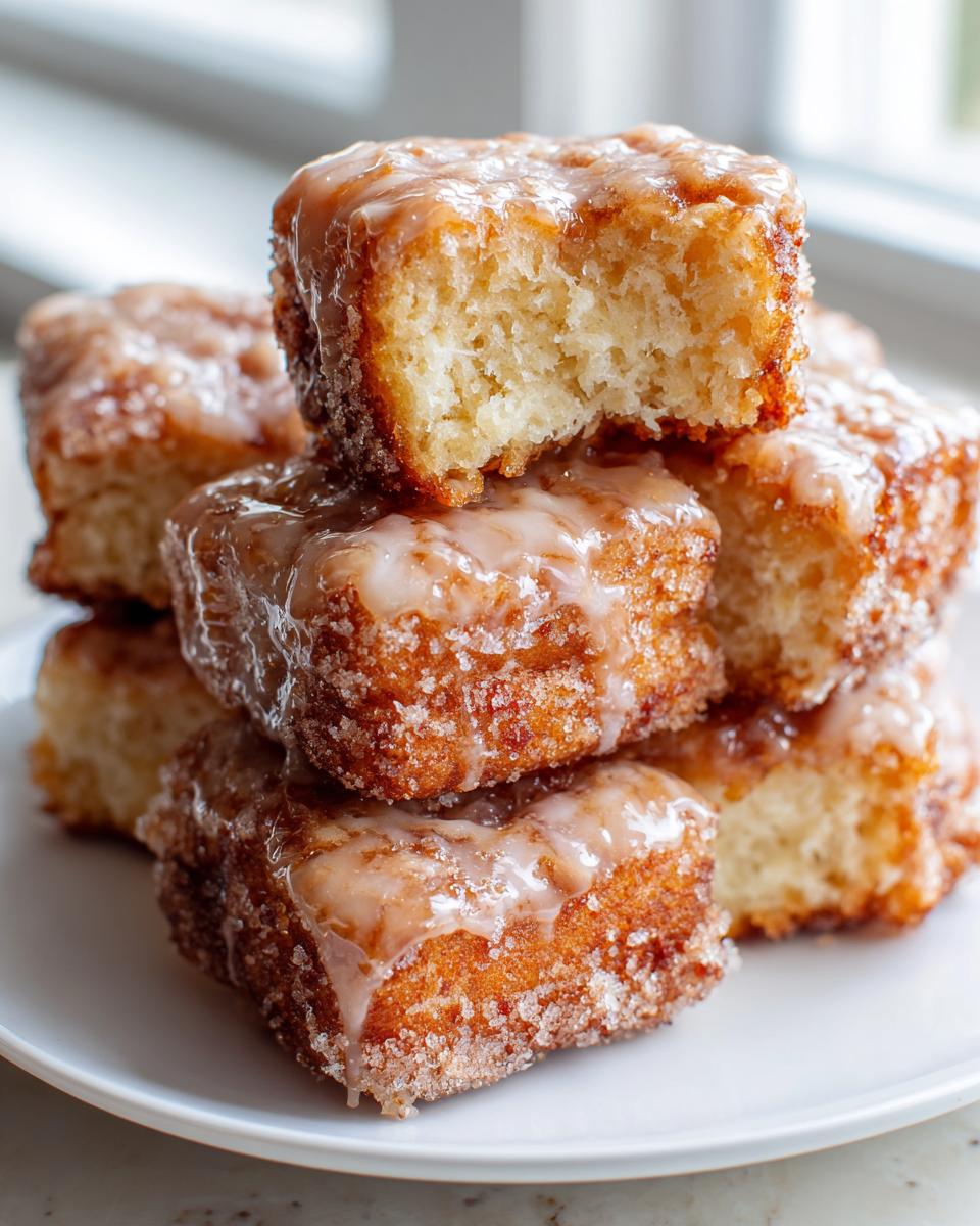 A stack of sweet, square buttermilk donut bars coated in sugar and a light glaze, with one piece showing a bite taken out.