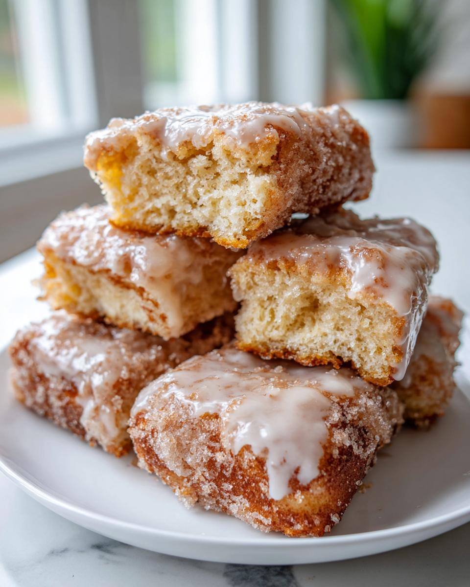 A stack of soft, square buttermilk donut bars topped with white glaze and coarse sugar.