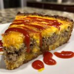 A thick slice of cheeseburger pie showing a savory meat layer topped with melted cheese and drizzled with ketchup.