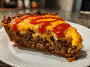 A thick slice of cheeseburger pie with a ground beef base, melted cheddar cheese, and a drizzle of ketchup.