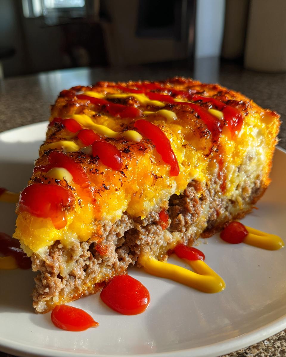 A thick slice of cheeseburger pie showing a ground beef base and a cheesy topping drizzled with ketchup and mustard.