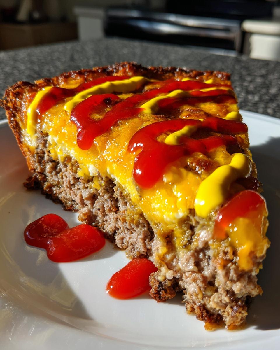 A thick slice of cheeseburger pie showing the ground beef base, melted cheese topping, drizzled with ketchup and mustard.