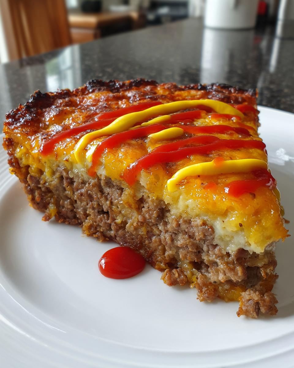 A thick slice of cheeseburger pie showing a dense meat layer topped with melted cheese, drizzled with ketchup and mustard.