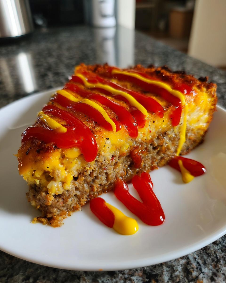 A thick slice of cheeseburger pie showing a meat base and cheesy topping, drizzled with ketchup and mustard.